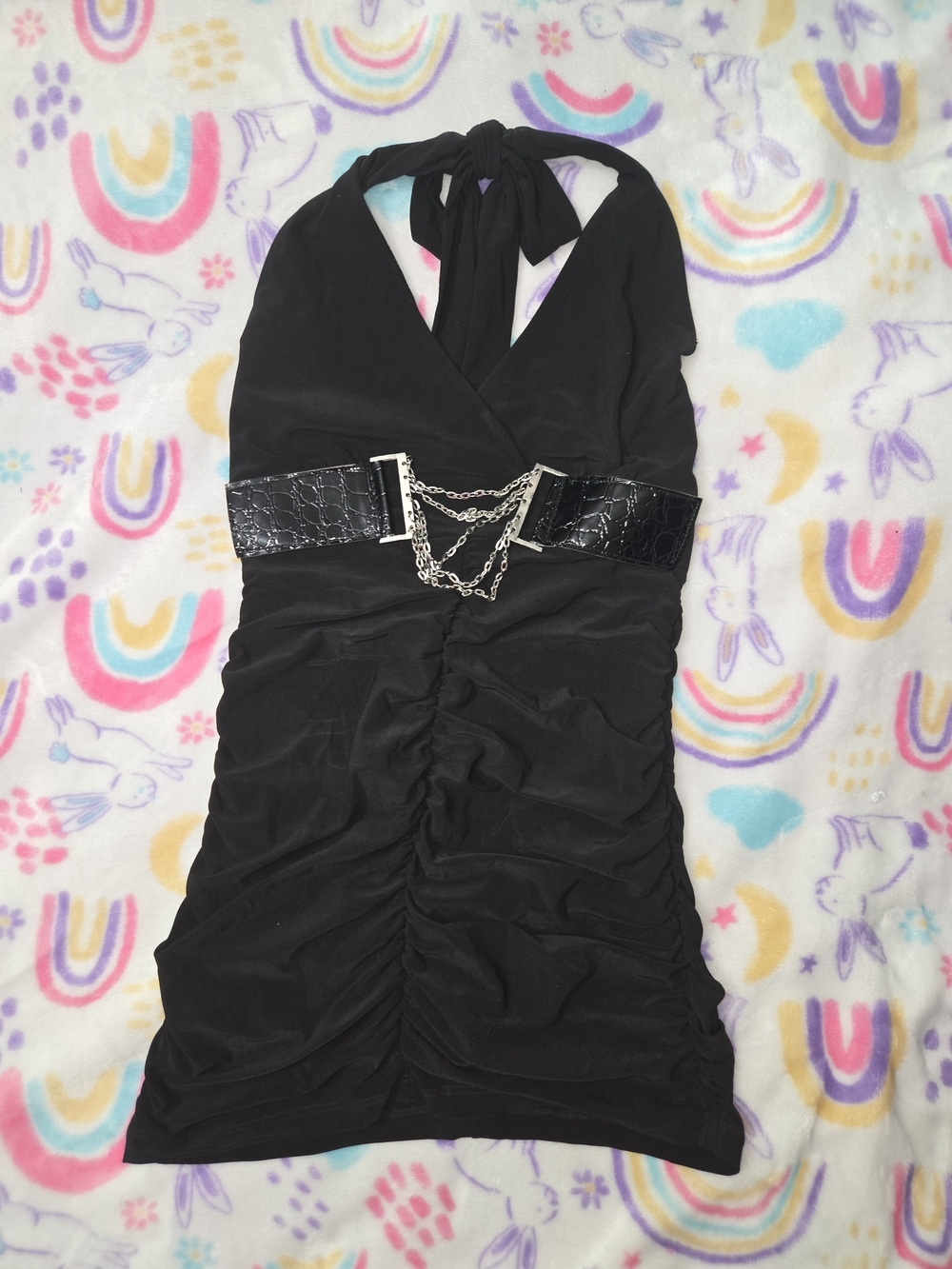 Body Central Mini Dress Black Halter Size Small Chains Goth Grunge Whimsigoth